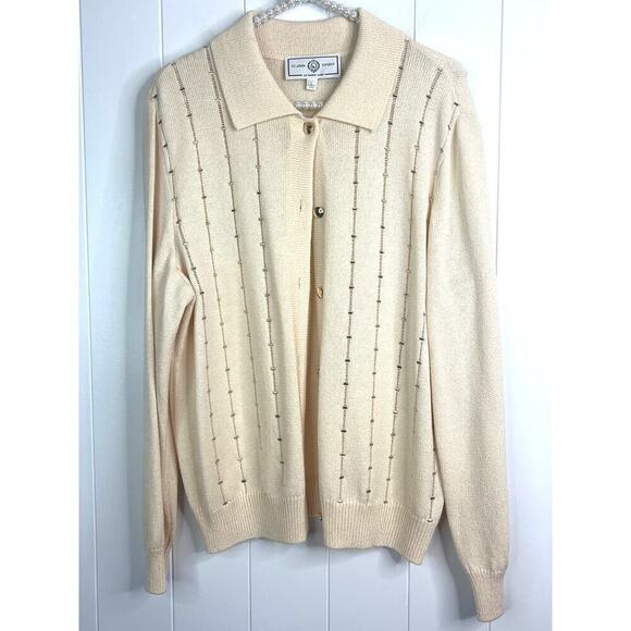 St John Sport Cream Knit Collared Button Down Cardigan with Gold Detailing SZ L - Picture 1 of 8